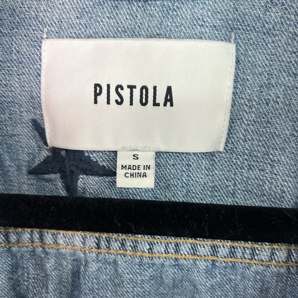 Pistola Brando Light Blue Navy Star Embroidered Denim Jean Jacket Raw Hem Small - Picture 8 of 10